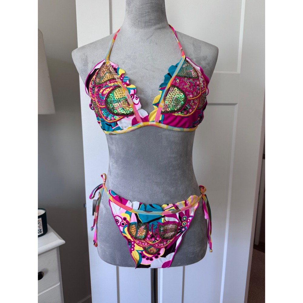 Agua Bendita Bendito Fiesta Embellished Bikini Set Multicolor Floral Beaded L